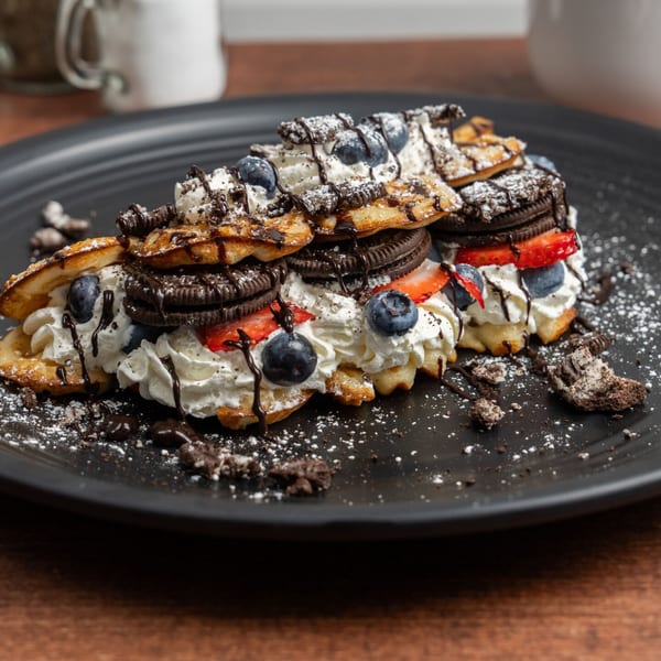 Waffles topped with whipped cream, blueberries, strawberries, Oreo cookies, chocolate drizzle, and powdered sugar.