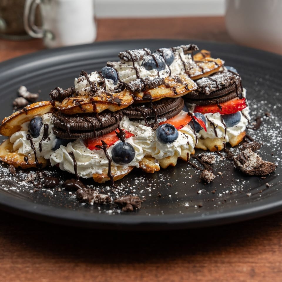 Waffles topped with whipped cream, blueberries, strawberries, Oreo cookies, chocolate drizzle, and powdered sugar.