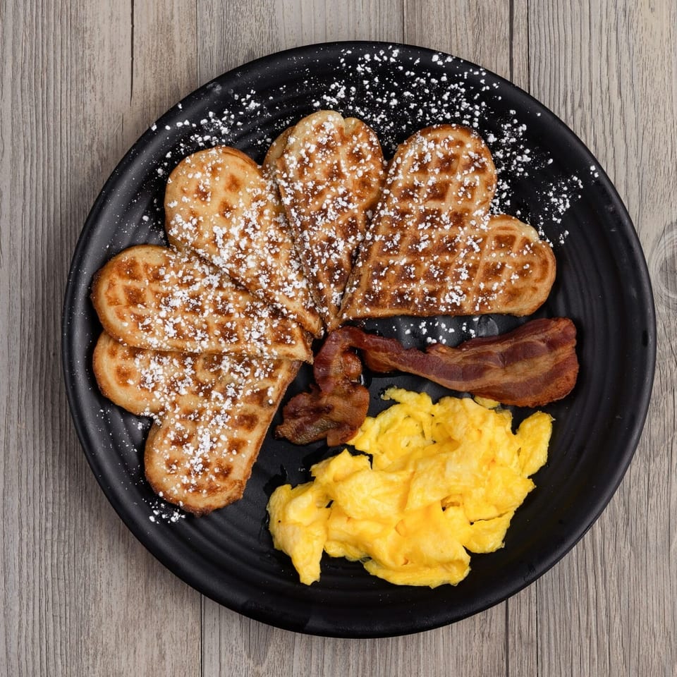 Heart-shaped waffles with powdered sugar, scrambled eggs, and bacon on a black plate.